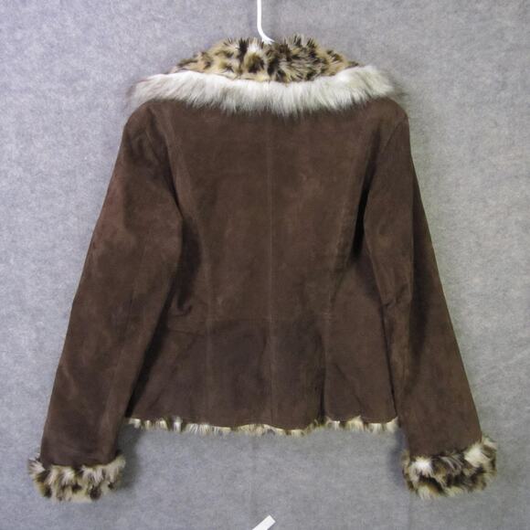 Guess Jacket Womens Large Brown Faux Suede Leopard Faux Fur Trim Coat Winter - Picture 8 of 9